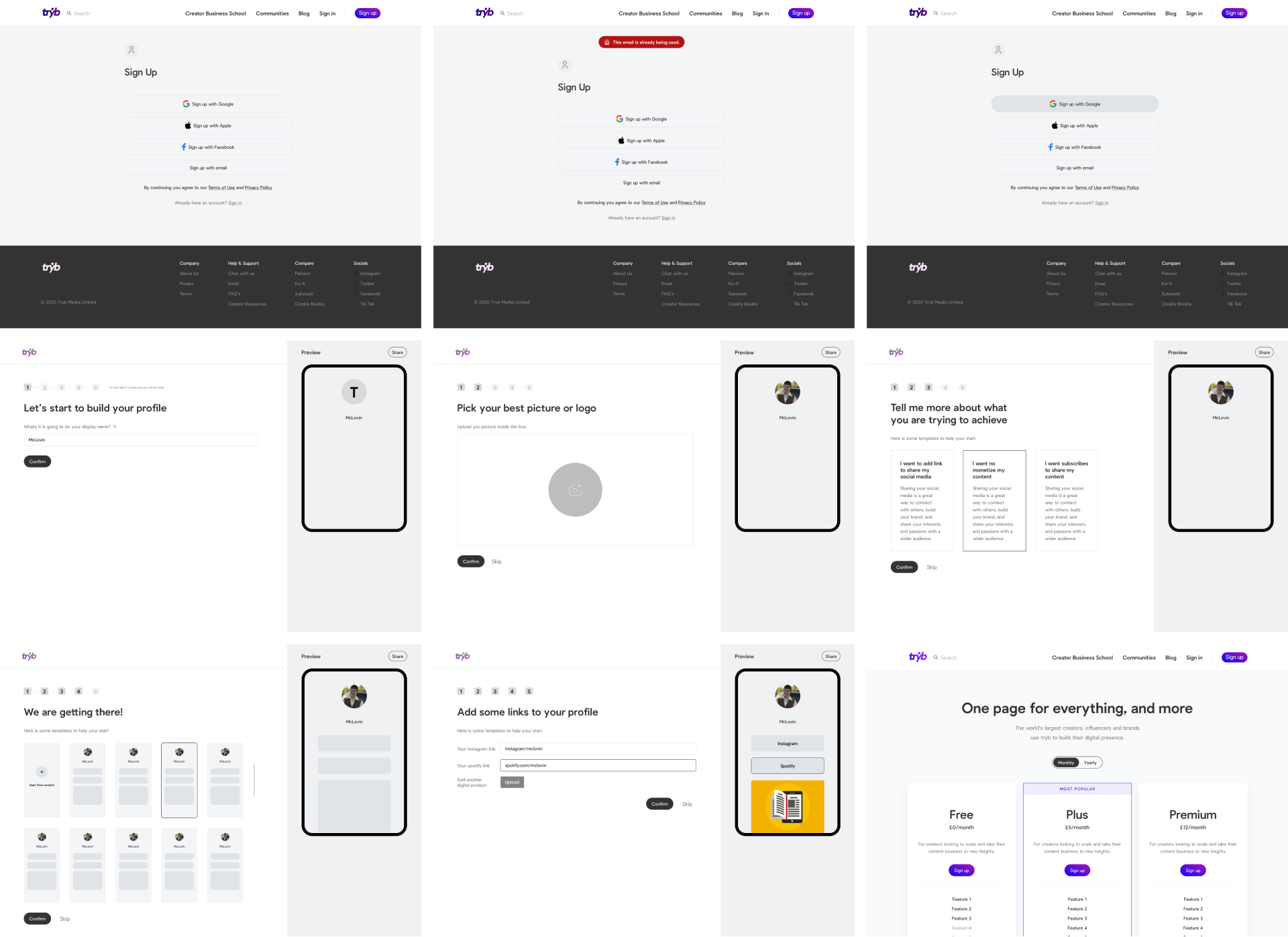 Wireframes do Tryb